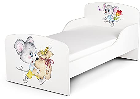 Leomark Funktionsbett aus Holz für Kinder, Kinderbett mit Matratze, Holzbett mit Seitenschutz Lattenrost, Komplett Set für Kinderzimmer, Liegefläche 70/140 cm, UV-Druck (Glückliche Mäuse)
