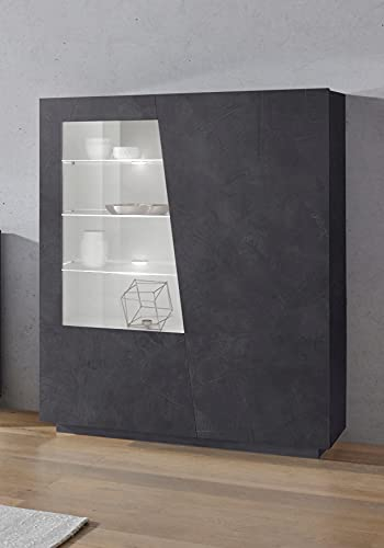Dmora - Vitrine Nevio, Buffet avec porte vitrée, Meuble de salon polyvalent avec lumière LED, 100% Made in Italy, 120x43h146 cm, Ardoise