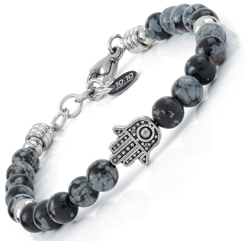10:10 Armband Hand der Fatima mit Natursteinen, 6 mm, sehr widerstandsfähig, hergestellt in Italien, 20 cm, Edelstahl Stein, Obsidian Snowflake