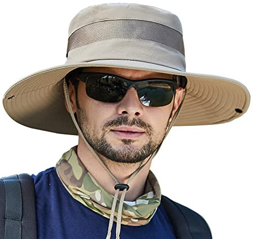 WANYI Sonnenhut Herren UV Schutz Outdoor Wanderhut Fischerhut Trekking Faltbar SafariHut Boonie Hat Dschungelhut Gartenhut Anglerhut Damen mit Kinnband 56-60CM (90 Khaki)