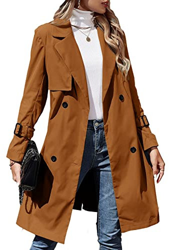 Makkrom Damen Zweireihiger Trenchcoat Klassischer Revers Mantel Slim Outwear mit Gürtelschnalle, Braun, L