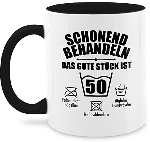 Tasse Tassen 325ml - Schonend behandeln das gute Stück ist fünfzig I 50 I 50. Geburtstag I Fünfzigster - 325 ml - Schwarz - mit sprüchen zum geschenk jahre 50.geburtstag zehnundvierzig mug