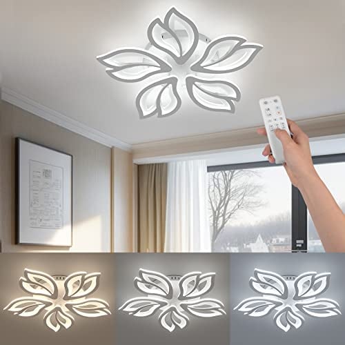 OTREN LED Deckenleuchte Dimmbar, 48W Modern Deckenlampen mit fernbedienung für Wohnzimmer Schlafzimmer Küche, 3000K- 6500K, 4800LM, 5 Blütenblättern