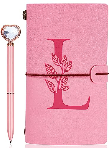 JEWPHX Personalisiertes Tagebuch, Geschenk, rosa Initiale Leder-Tagebuch + Herz-Diamant-Stift-Set, Reise-Notizbuch, Tagebuch, Geschenke, nachfüllbare Notizblöcke, Weihnachten, Geburtstagsgeschenke für