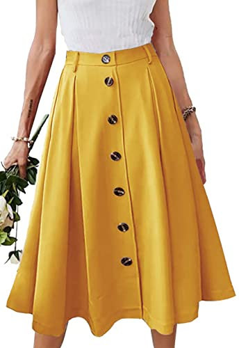 JayscreateEU Damen Rock Midirock Rock Lang Hohe Taille Rock Knielang A Linie Damen Mit Taschen Sommer Rock Mit Falten Maxirock Herbst Rock mit Fransen,Gelb,M