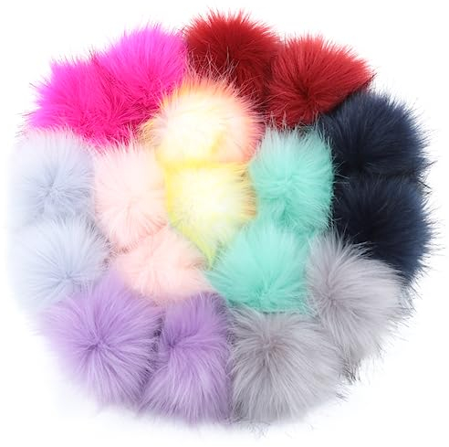 Fellbommel 18 Stück Kunstfell Bommel Pompon mit Elastischer Schlaufe, Flaumige Pompom DIY 10cm, Faux Fur Pom Pom für Strickmütze Schals Tasche Zubehör