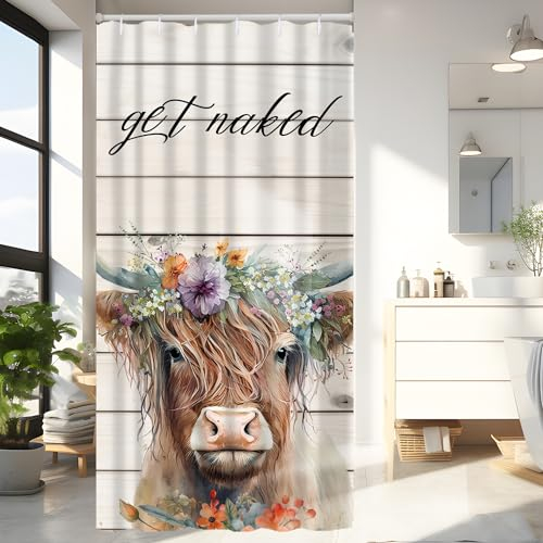 Hongma Highland Cow Get Naked Duschvorhang, 91,4 x 183,9 cm, Polyester, halbe Größe, mit Haken, wasserdicht, lustige Buchstaben, Blume, Tierdruck, dekorativer Badvorhang für Badezimmer-Dekoration