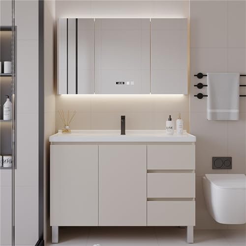 Tocador De Baño Montado En La Pared, Lavabo De Cerámica, Mueble De Baño, Taquillas Iluminadas Y Función Desempañador 90cm