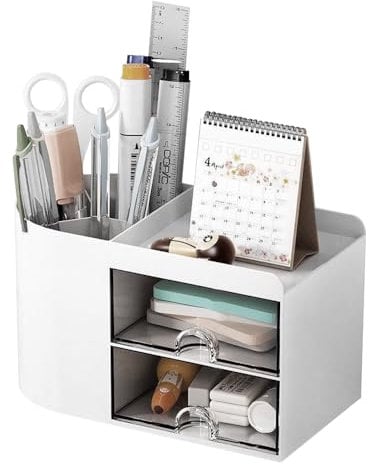 HEKOBAG Desk Organizer with 2 Drawer, Plastic White Table Organiser Large Capacity Pen Pencil Holder Office Tidy Organiser Multi-Functional Desktop Storage Box for School, Office, Home