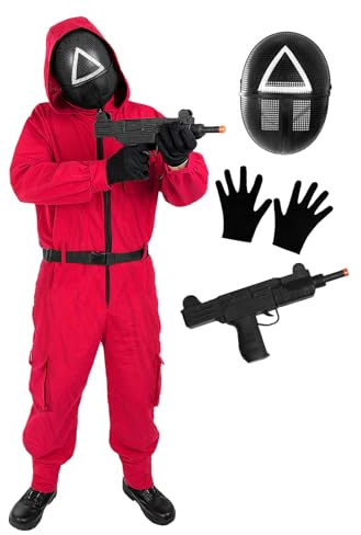Funidelia Offizielles Squid Game Netflix Kostüm für Herren und Damen mit Dreiecksmaske und Waffe, Overall Squid Game für Erwachsene, Karneval, Halloween und Partys – Größe S - M