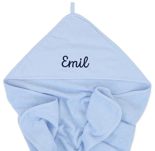 upstitch studio Baby und Kinder Kapuzenhandtuch hellblau (75x75 cm) mit Namen personalisiert für Jungen und Mädchen, Handtuch Baby Bestickt aus 100% Baumwolle