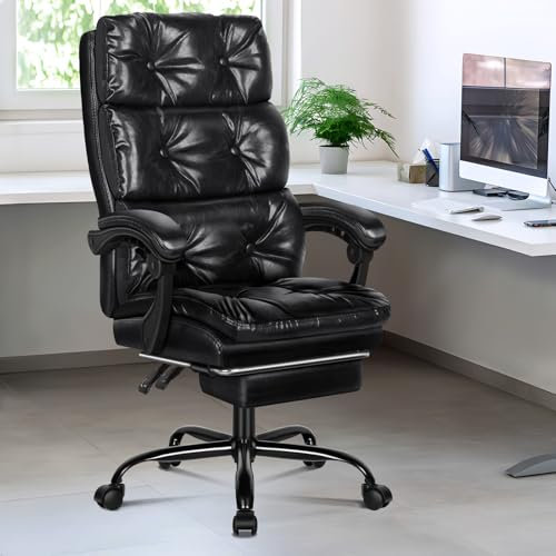 ELFORDSON Office Chair with Dual Paddings, Computer Executive Desk Chair with Footrest Armrests, High Back 150° Recliner Tilting 360° Swivel, PU Leather, Glossy Black