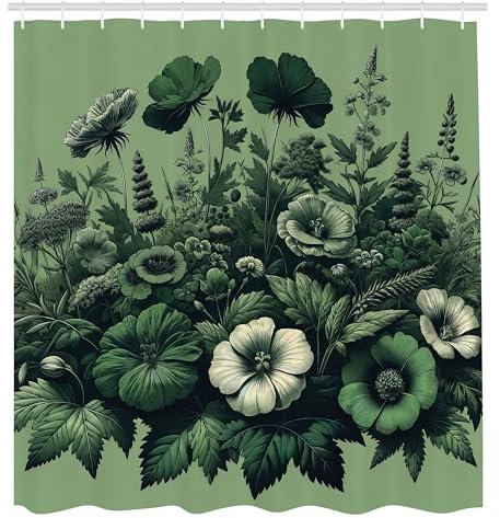 ABAKUHAUS Dunkelgrün Duschvorhang, Klassisches botanisches Design mit Wildblumen und Blättern in natürlicher monochromer Art, Stoffliches Gewebe mit Haken, 175 x 200 cm, Smaragd