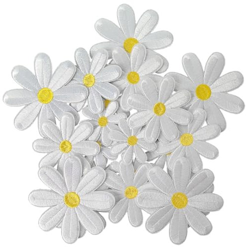 WILDREEDS 25 Pieces 3 Sizes Daisy Flower Iron on Patches, Iron Flower Embroidered Patch for Clothing, T-Shirt, Backpacks, Hats, Jeans, Jackets