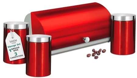 briebe Set Panera de Mesa + Juego de 3 Botes Cocina Almacenaje, Acero Inoxidable, Contenedor para Guardar Pan y Bollería, Tapa Deslizante, Diseño Moderno, Bread Box, Rojo/Inox