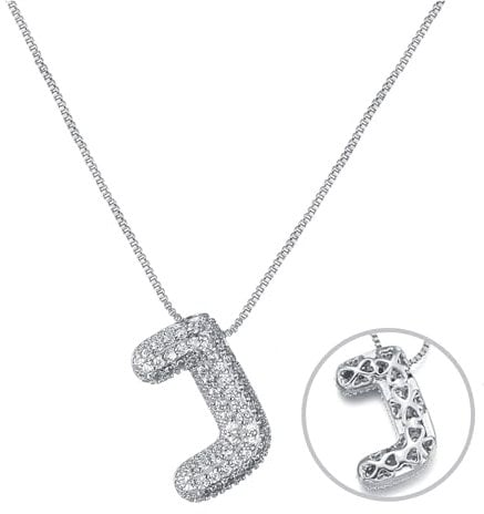 RWQIAN Bubble Buchstaben Kette Silber J Damen Balloon Initialen Haskette Bling Zirkonia Buchstaben Kette Anhänger Blase Letter Schmuck Geschenke für Frauen