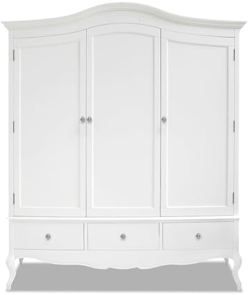 Statement Furniture Juliette White Triple Wardrobe W188cm, H217cm D60cm | 3 Door Large Wardrobe with Hanging Rail, Shelves and 3 Drawers with Crystal Handles (BRF-043-W-DCH)