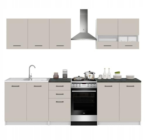 Laclar Küchenmöbel Set Kaschmir mit District Dark Arbeitsplatten- Komplettes Set mit 200 cm Schränken - Flexibler Anordnung - einfache Montag - inklusive Arbeitsplatten und Zubehör