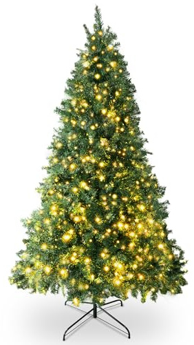 SA Products 7ft Pre-Lit Artificial Christmas Tree – 1,560 Alaskan Pine Tips - Christmas Tree with 600 Vibrant LED Lights, 8 Lighting Modes & Timer, Slim PVC Xmas Tree for Small Spaces & Holiday Decor