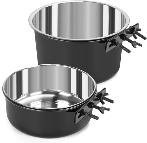 2 Pcs Large Dog Food Water Bowl for Cage with Upgraded Clamp Holder, Black Pet Kennel Hanging Bowls Stainless Steel Non-Spill Detectable Bowls Crate Feeder Dish for Large Dogs (7x3.7''& 6.3x2.5'')