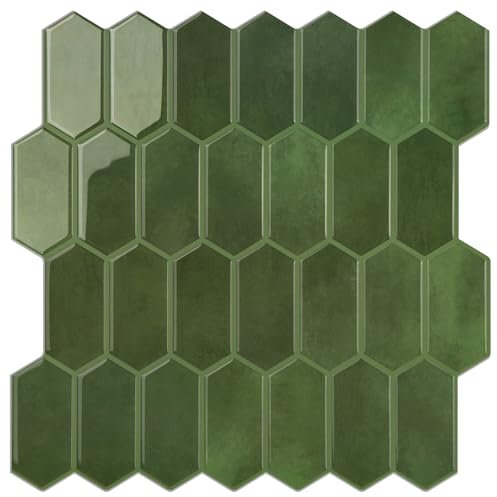 WalDecoo Carreaux Hexagonaux Longs À Décoller Et Coller Pour Cuisine, 10 Feuilles De Carreaux Muraux Auto-adhésifs 3D, Autocollants Pour Carrelage Vert Pour Cuisine Et Salle De Bain 30,5x30,5 cm