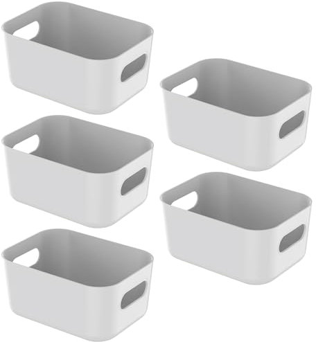 ZENO Plastic Storage Baskets 5 Pack | Small Storage Box | Plastic Basket | Small Storage Baskets With Strong Handles | Baskets For Storage for Bathroom, Kitchen, Bedroom | White