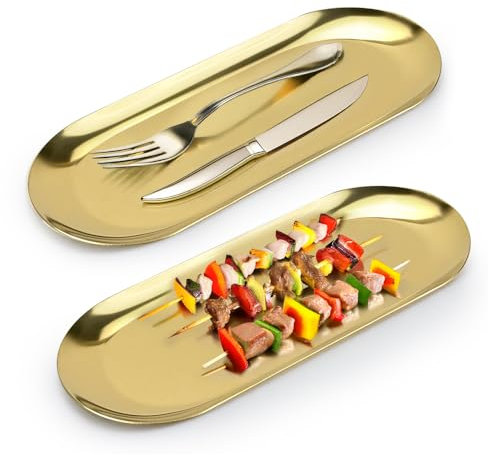 2 PCS Stainless Steel Decorative Tray,9 Inch Long Oval Gold Jewelry Dish for Bathroom Organizers and Storage, Metal Vanity Accessories, Candle Tray, Small Serving for Tea, Coffee, Dessert