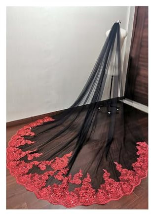 CAMELLIG Schleier Braut Schwarzer Tüll-Hochzeitsschleier mit Glitzer-Pailletten, rote Spitze, einlagig, 3,0 Meter lang, Brautschleier mit Kamm, Brautschleier