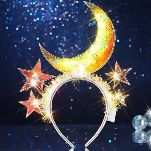 Handcess Leuchtendes Mond Stirnband Festival LED Stern Haarband leuchtender Kostüm Haarreif Party Rave Haarschmuck für Frauen (Gelb, Einheitsgröße)