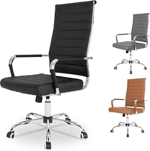 UEV Bürostuhl Ergonomisch aus Kunstleder Drehstuhl Schwarz | Schreibtischstuhl mit Armlehne Office Chair S-förmige Lendenwirbelstütze gepolsterter Sitz höhenverstellbar aus Kunstleder