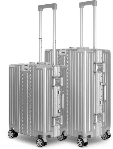 WINLIFE Hartschalen-Koffer Trolley aus Premium ABS SPARSET (M+L) mit 360° Doppel-Spinner-Räder, TSA-Schloss, Getränkehalter, integrierter Taschenhalter | Silber
