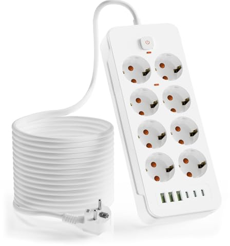 Mehrfachsteckdose mit USB C, SNYZPN Steckdosenleiste mit Schalter 8 Fach, 2M Kabel Verlängerungskabel mit Steckerleiste Überspannungsschutz, 3680W Wandmontage, für Büro Schreibtisch Weiß