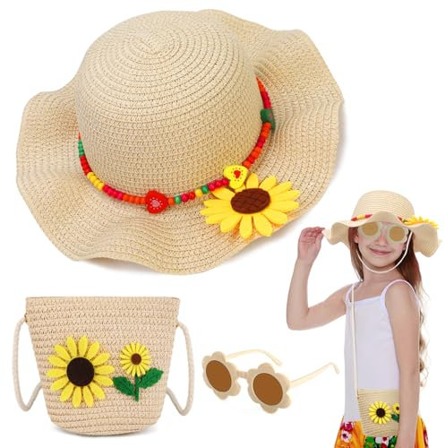 Sombrero de Paja para Niña y Bolso de Verano Set, con Gafas de Sol Niña de Flores, Sombreros Playa de Verano con Decoracion de Flores, Sombrero ala Ancha para el Sol Beige Chica Bolso Playa