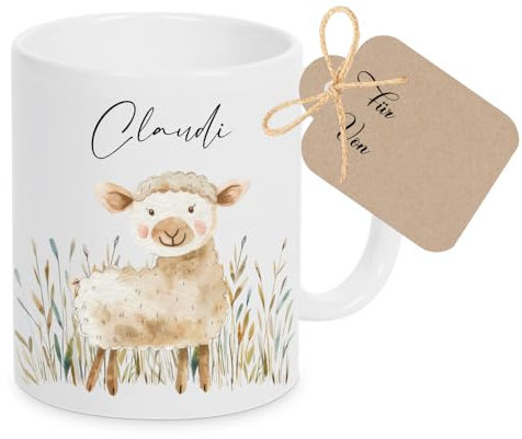 Manufaktur Liebevoll Tasse mit Namen Kinder Kindertasse mit Namen Becher Keramik Mädchen Junge Namenstasse Schaf Bauernhof Geschenk