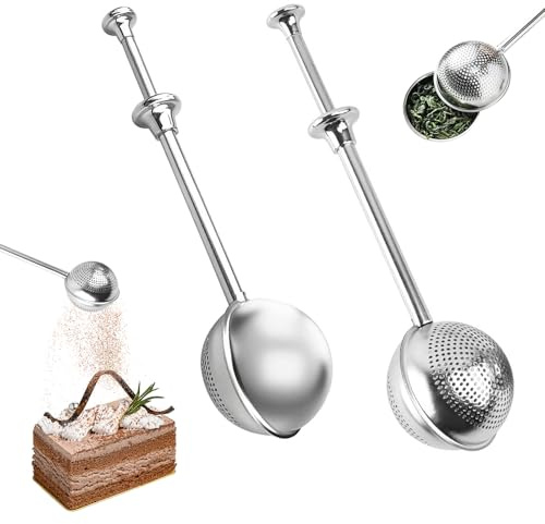 2 Stück Mehl Staubwedel zum Backen 304 Edelstahl Teezange mit Teleskopgriff | Mehlstreuer Brot Backen Teaballs Teesieb für Losen Tee für Mehl Gewürze Zucker Kaffee Kakaopulver (Halbes Loch und Vollloch)