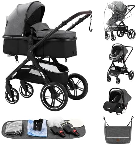 ALYIKOU kinderwagen 3 in 1 Zusammenklappbarer Kinderwagen KombiKinderwagen Aluminiumrahmen für Neugeborene Große Räder Babykorb (3 in 1 X1 Grau)