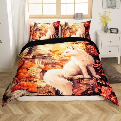Homemissing Fuchs Bettwäsche Set 135x200cm Kinder japanischer Stil Kirschblüten Bettbezug für Kinder Jungen Mädchen Ukiyoe Thema Betten Zimmer Dekor