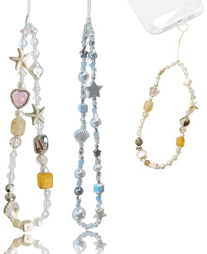 Qubusm Beaded Phone Charm Wrist Strap,Cute Camera Wrist Strap-Starfish & Shell Beaded Charm for Phone, Camera,Bag,key - Handmade Craft Lanyard Chain for Women Girls