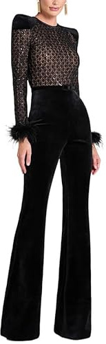 LoprNsdgt Damen Rundhalsausschnitt Textur Langarm Samt Elegant Hoch Tailliert Abend Party Jumpsuits