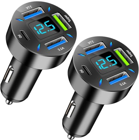 2 PCS 4 Puertos Cargador Mechero USB Carga Rapida, 66W Super y QC3.0 & PD | 4 Puertos Cargador Movil Coche con Voltímetro Led Compatible con iPhone Android Samsung Móviles y Tablets