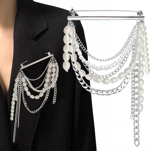 Metall Kette Perle Quaste Brosche Damen Silber Ketten Weiße Perlen Anhänger Broches Damen Y2K Punk Ästhetik Brooch Pins Mehrlagig Tassel Chain Dekorativ Broschen Für Kleidung Outfits Accessoires