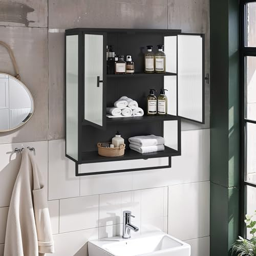 Massbinet 60 cm breiter moderner Wandschrank mit Glastüren, Zwei Türen, Zwei geschlossenen Ablageflächen, einem offenen Regal und Handtuchhalter, für Flur, Wohnzimmer, Badezimmer, Esszimmer, schwarz