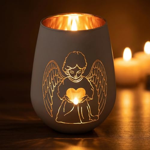 LOHAME Teelichthalter Weiß Schutzengel Taufe Windlicht Glas Glücksbringer | Gute Besserung Geschenke für Operation Konfirmation Kommunion Firmung Geburtstag Hochzeit Junge Mädchen Kinder