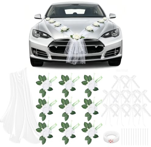 Autoschmuck Mariage Capot de Voiture Décoration de Mariage avec 9 Roses avec Adhésifs, 2x180cm de Ruban et 10 Nœuds de Mariage pour Voiture Fonyet