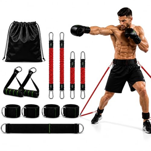 Boxing Widerstandsbänder Set 4er, Schattenboxen Trainer mit 2 Stärken bis 36 KG, MMA Trainingsgerät für Hände und Füße, Boxing Bands für Heimtraining mit Türanker und Tragetasche (Rot)