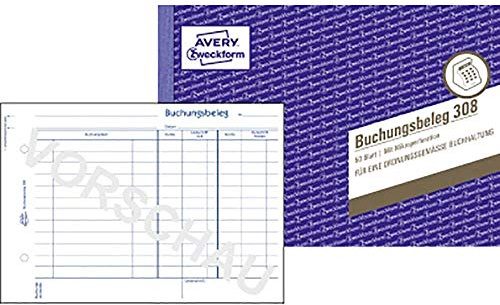 AVERY Zweckform 308 Buchungsbeleg (A5quer, mikroperforiert, von Rechtsexperten geprüft, für Deutschland zur lückenlosen Buchhaltung, mit T-Konto, Buchungstext inkl. Unterschriftenzeile, 50Blatt) weiß