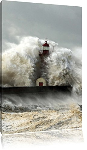 Pixxprint Leuchtturm im Sturm, Größe: 100x70cm, Leinwandbild, fertig gespannt, Wandbild, Dekoration, Kunstdruck, kein Poster