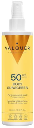 VALQUER Sonnenspray LSF 50 für den Körper | 300 ml | UVA- & UVB-Schutz, feuchtigkeitsspendend und wasserfest | Mit Kokos- und Tahiti-Monoï-Duft | Vegan