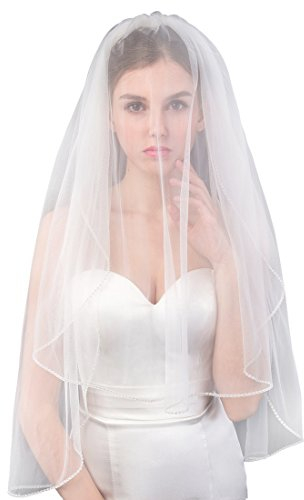 EllieHouse Women's Short 2 Tier Beads White Wedding Bridal Veil with Comb L40WT