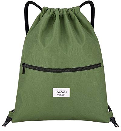 LIVACASA Turnbeutel Mit Reißverschluß Innentasche Sportbeutel Wasserdicht Hipster Beutel Seitentasche Gym Bag Gefüttert Rucksack Mit Verstellbar Tunnelzug Gymsack für Damen Herren Rein Armeegrün